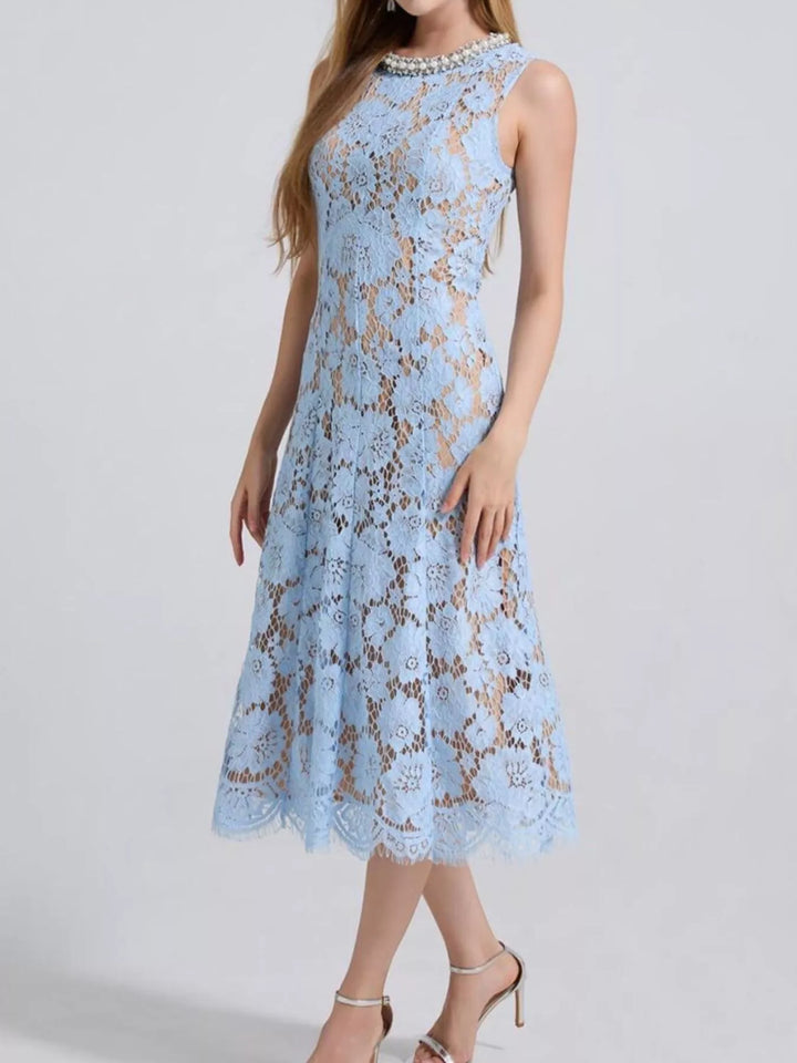 Blue Sleeveless floral lace midi dress with pearl neckline