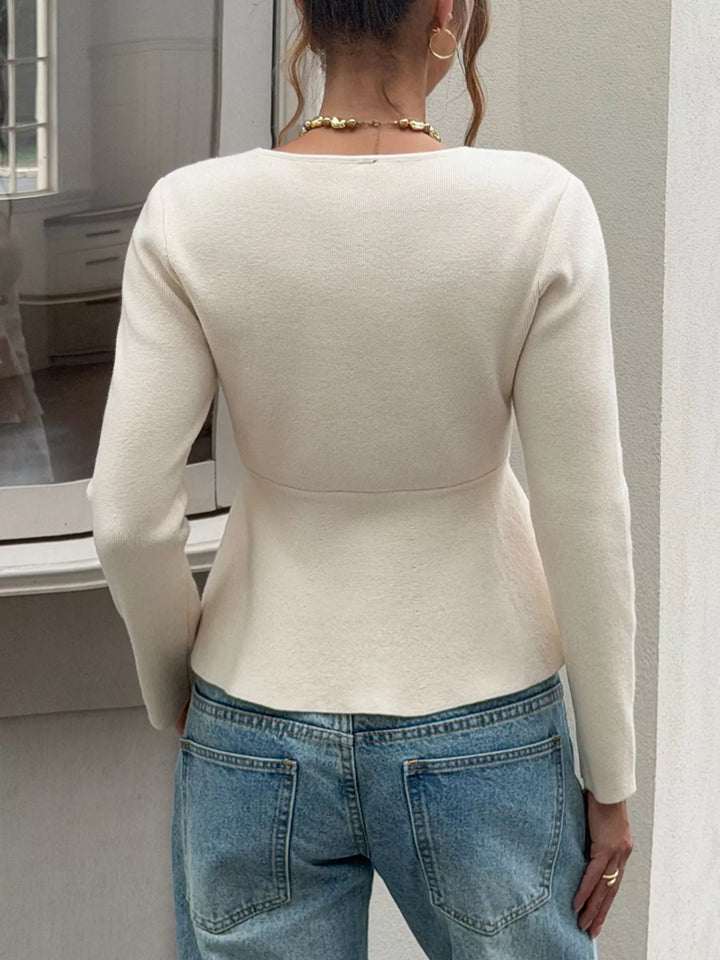 Peplum knit button-up cardigan with scoop neck