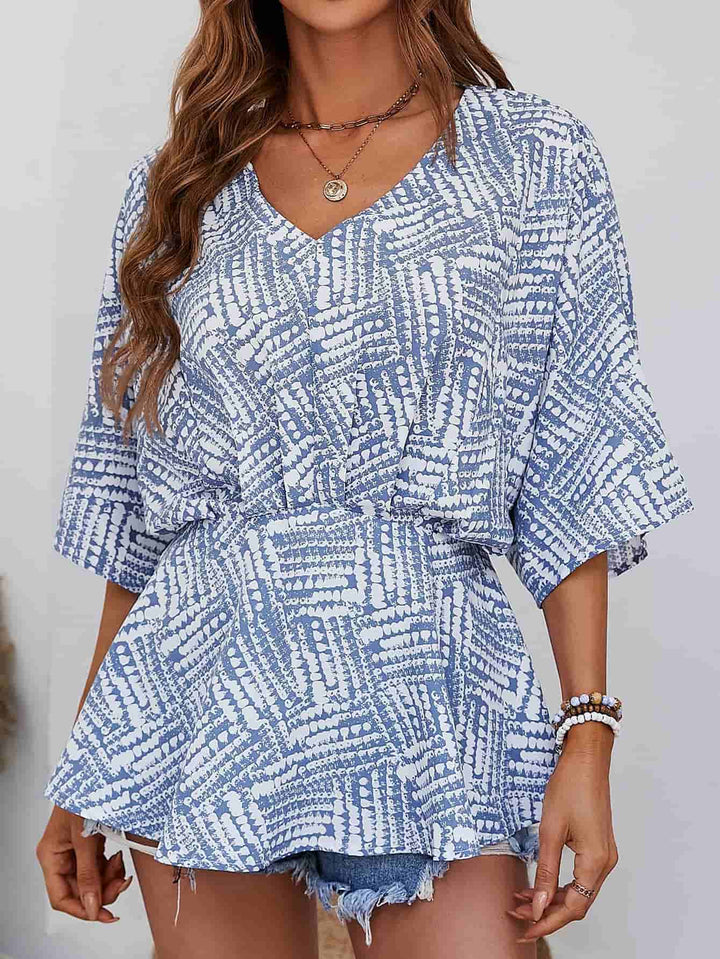 Light Blue Abstract print V-neck dolman sleeve blouse