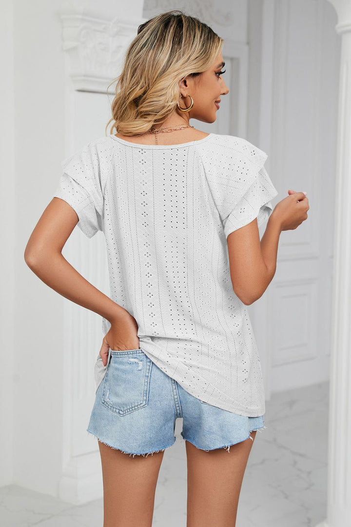 Eyelet knit V-neck top with layered flutter sleeves