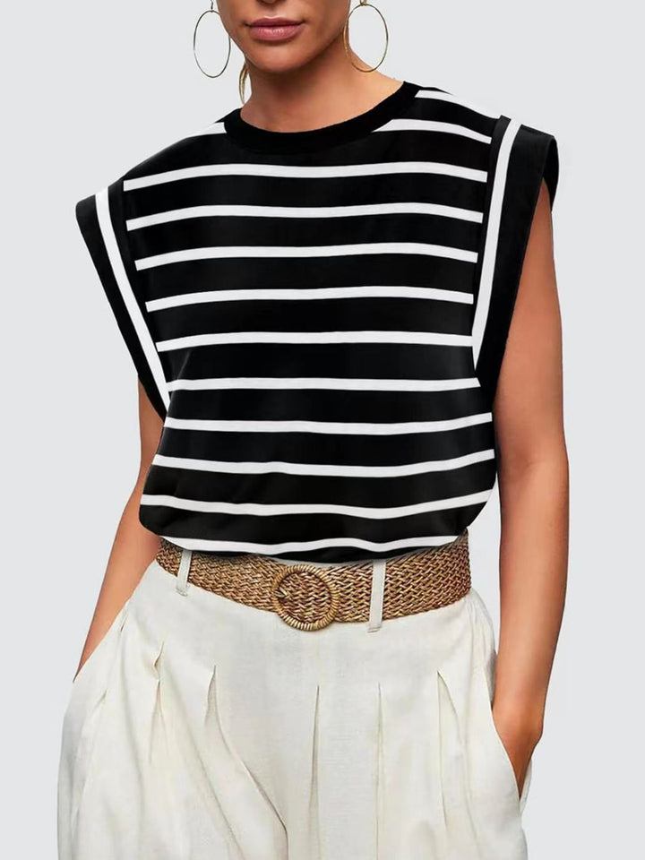 Striped cap-sleeve crew neck muscle tank top