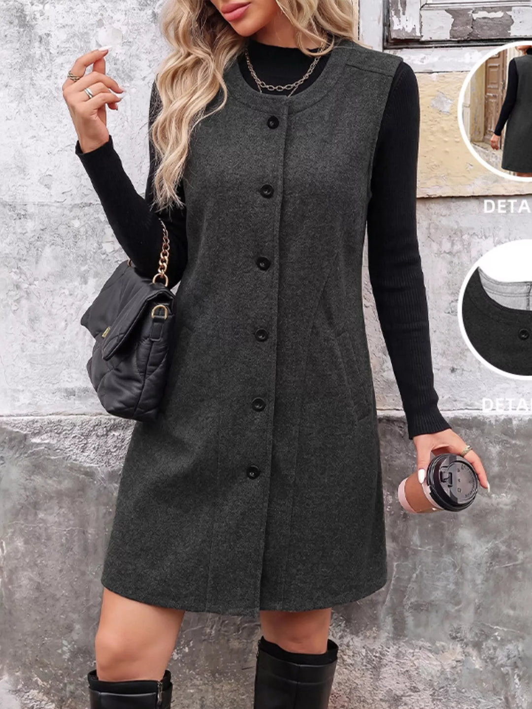 Longline sleeveless button-front vest coat