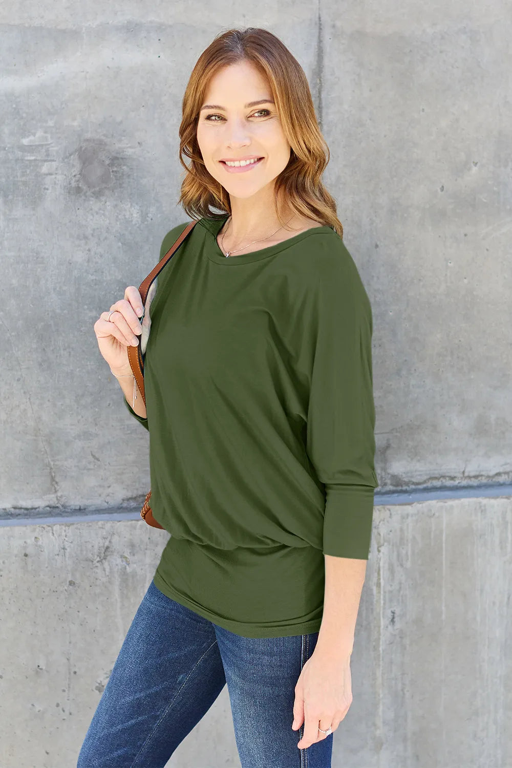 Batwing sleeve top with banded blouson hem