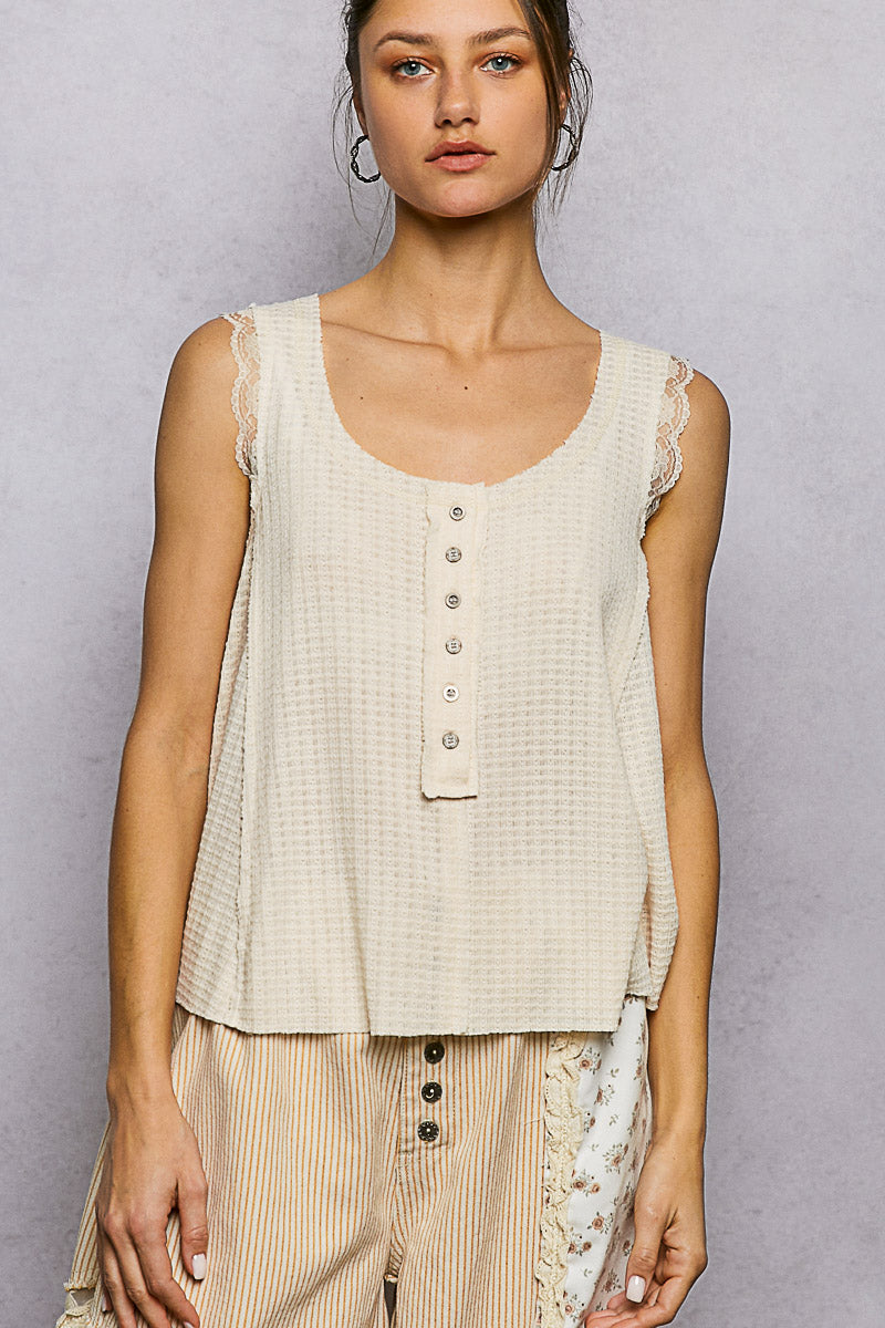 VANILLA Textured waffle knit tank with lace trim and button placket