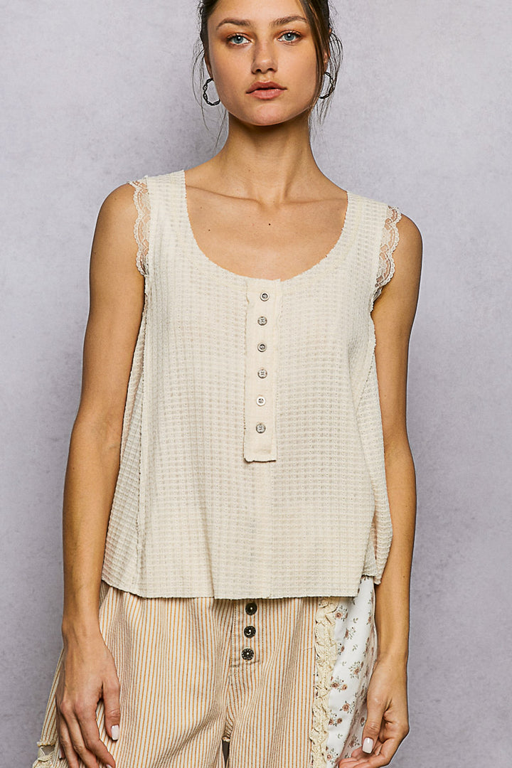 VANILLA Textured waffle knit tank with lace trim and button placket