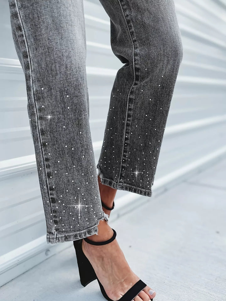 Rhinestone-embellished cropped straight jeans with raw hem