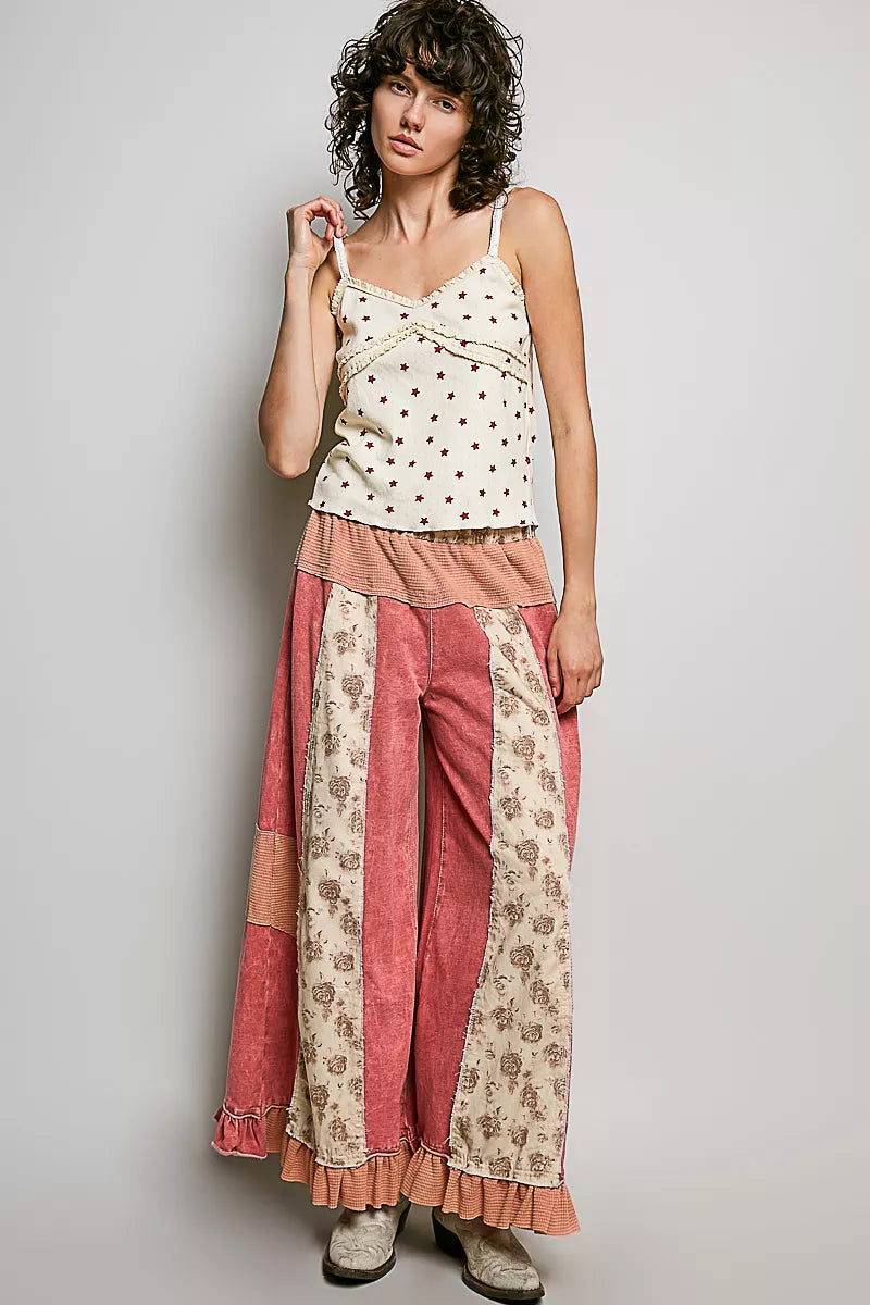 Allover star print ribbed cami with ruffle trim