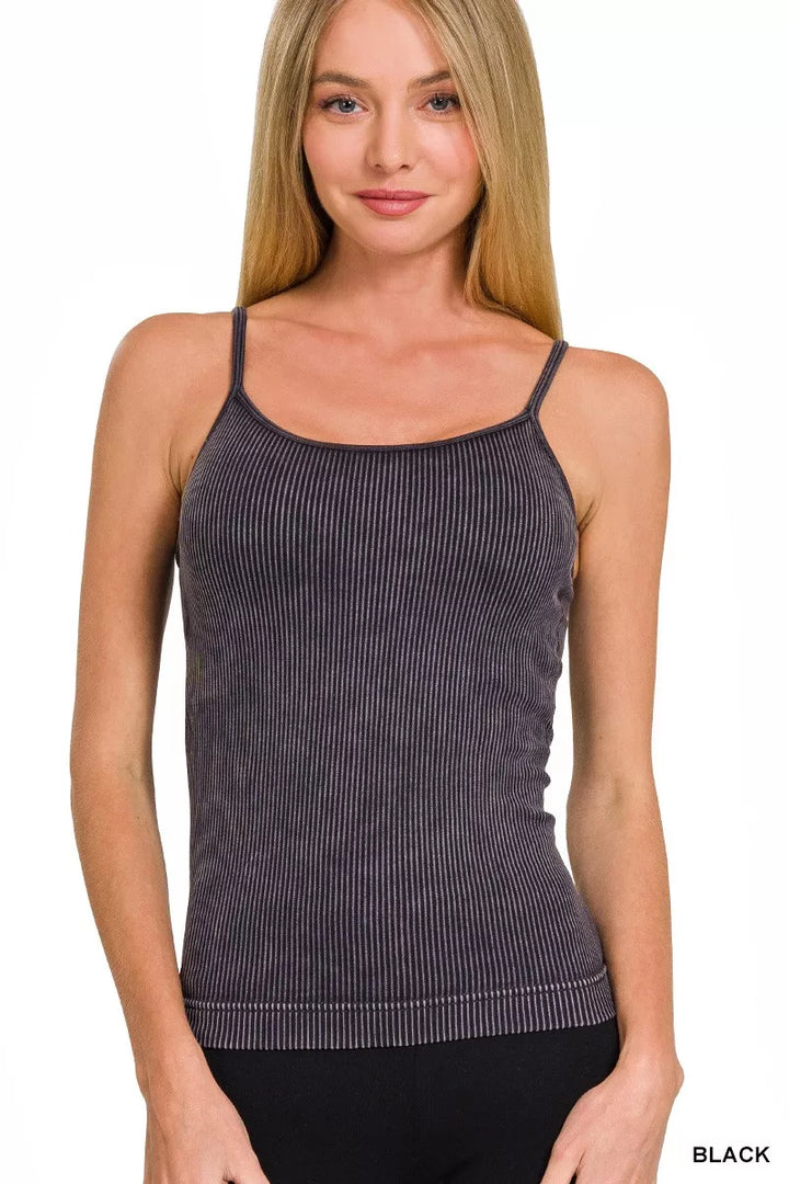 BLACK Stone-washed ribbed seamless spaghetti-strap cami tank