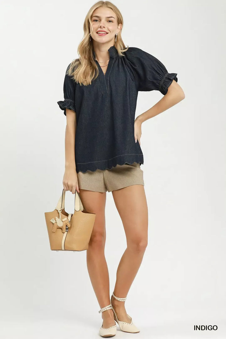 Chambray puff sleeve blouse with scalloped hem and split neck