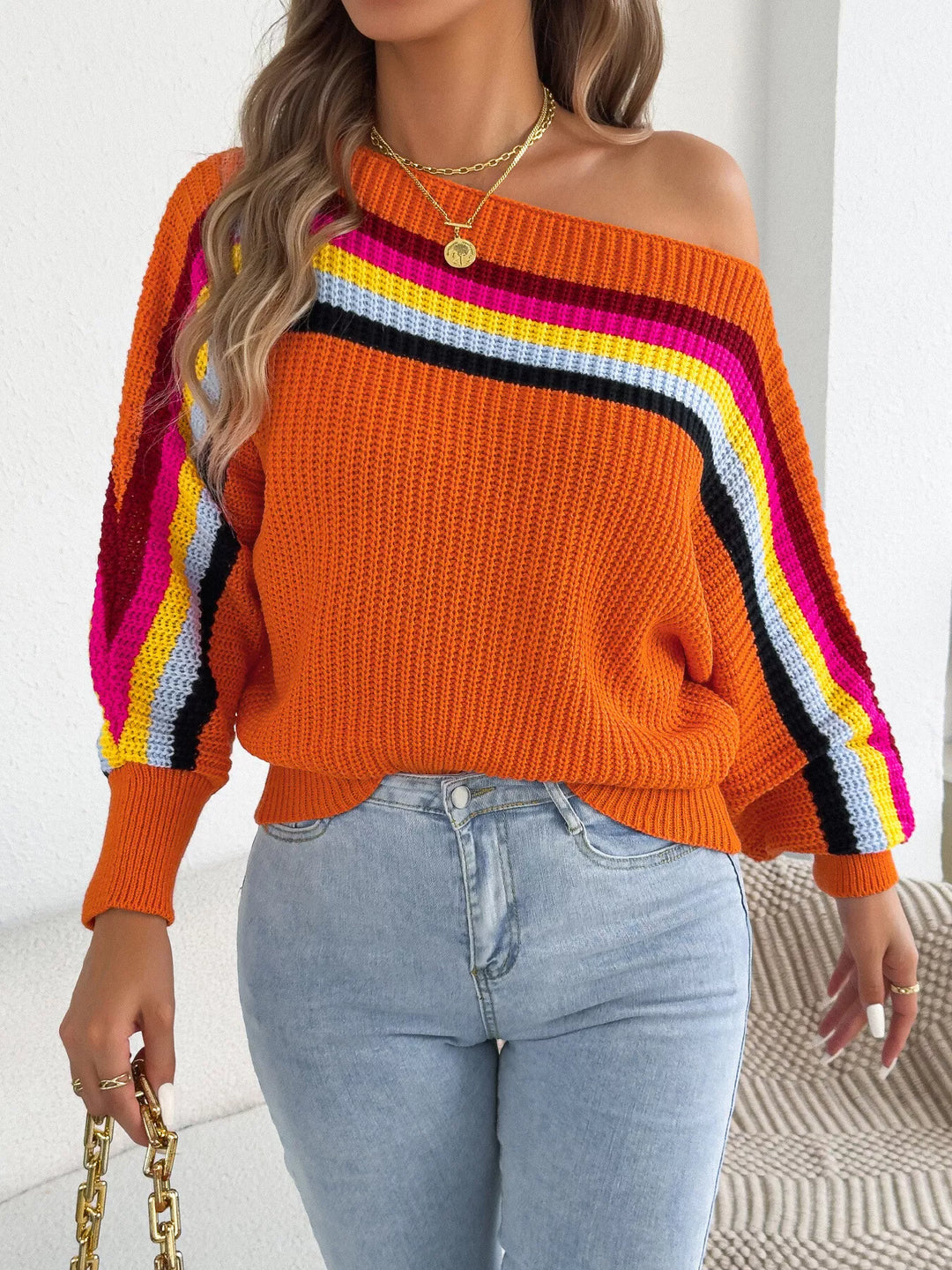 Rainbow stripe ribbed knit boat neck sweater