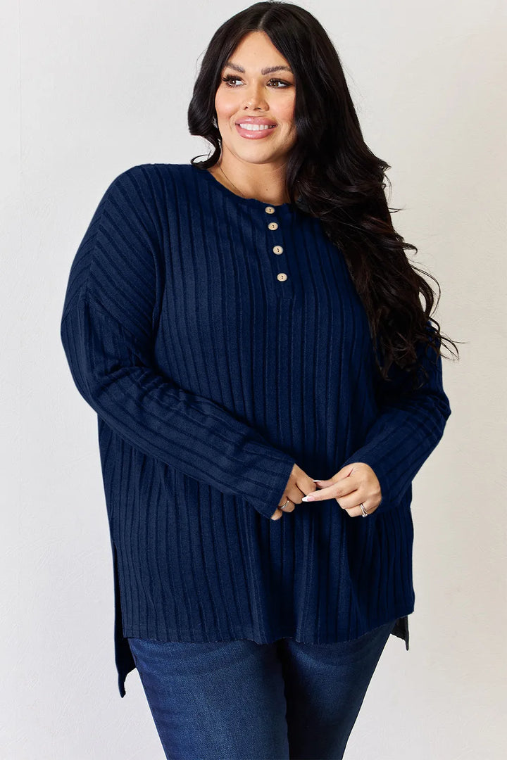Ribbed knit half-button long sleeve high-low top