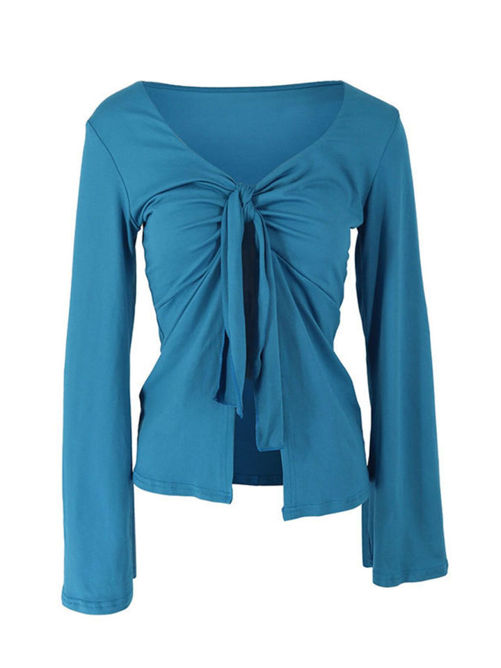 Blue Tie-front long sleeve top with open cascading front