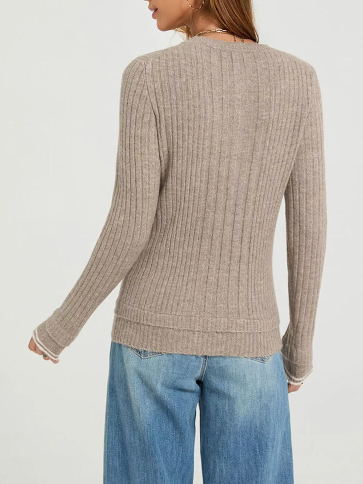 Ribbed knit henley sweater with button placket