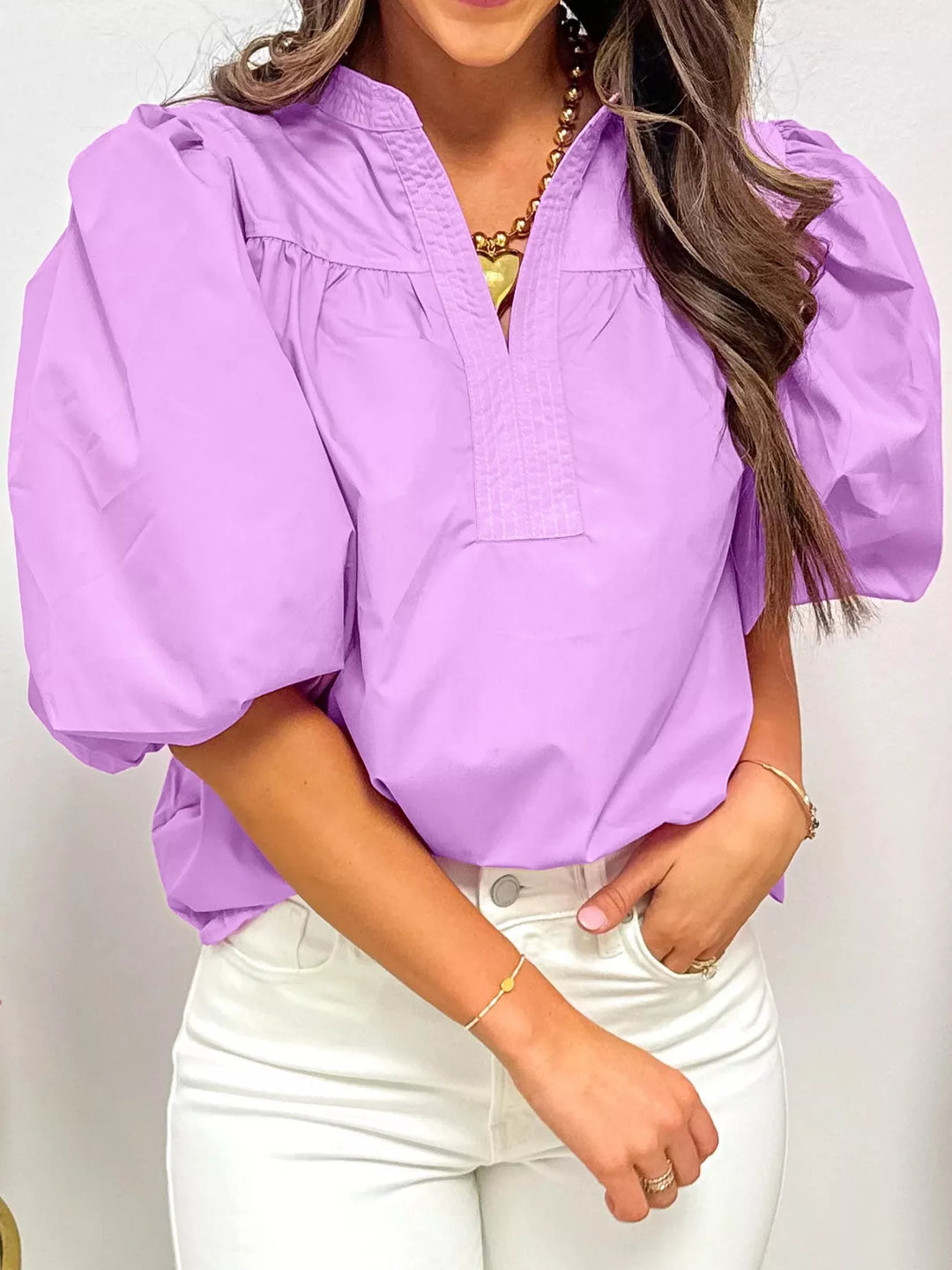 Puff sleeve cotton blouse with notched neckline