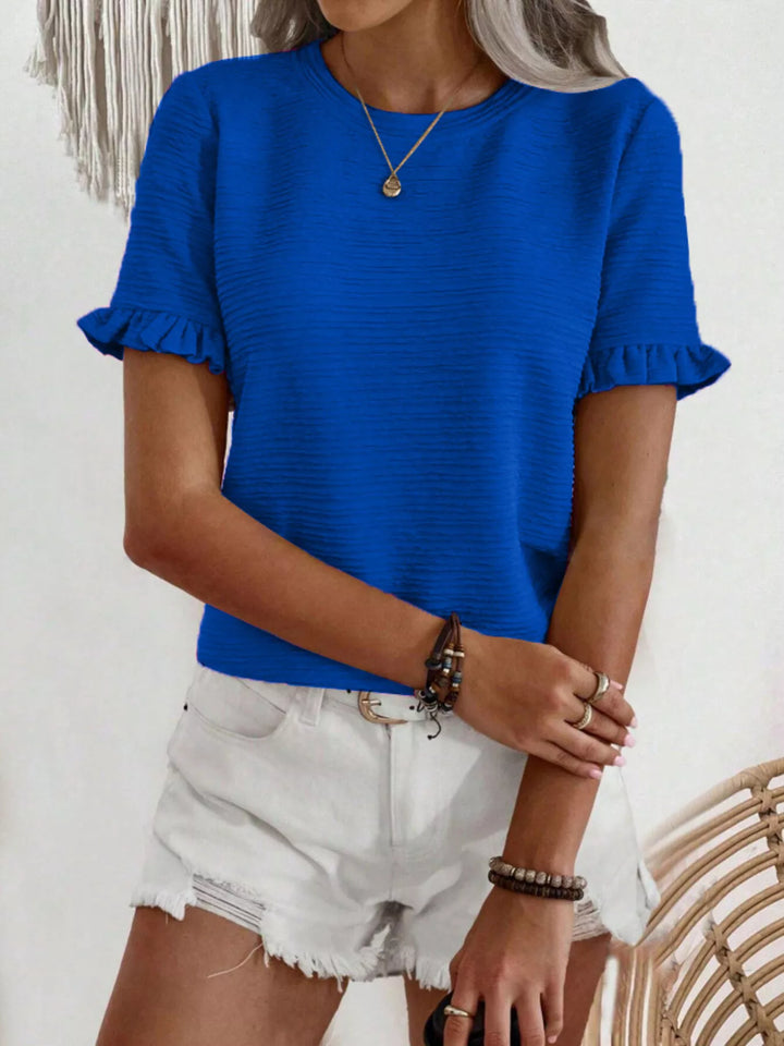 Ruffle-cuff crew neck top with crinkle texture