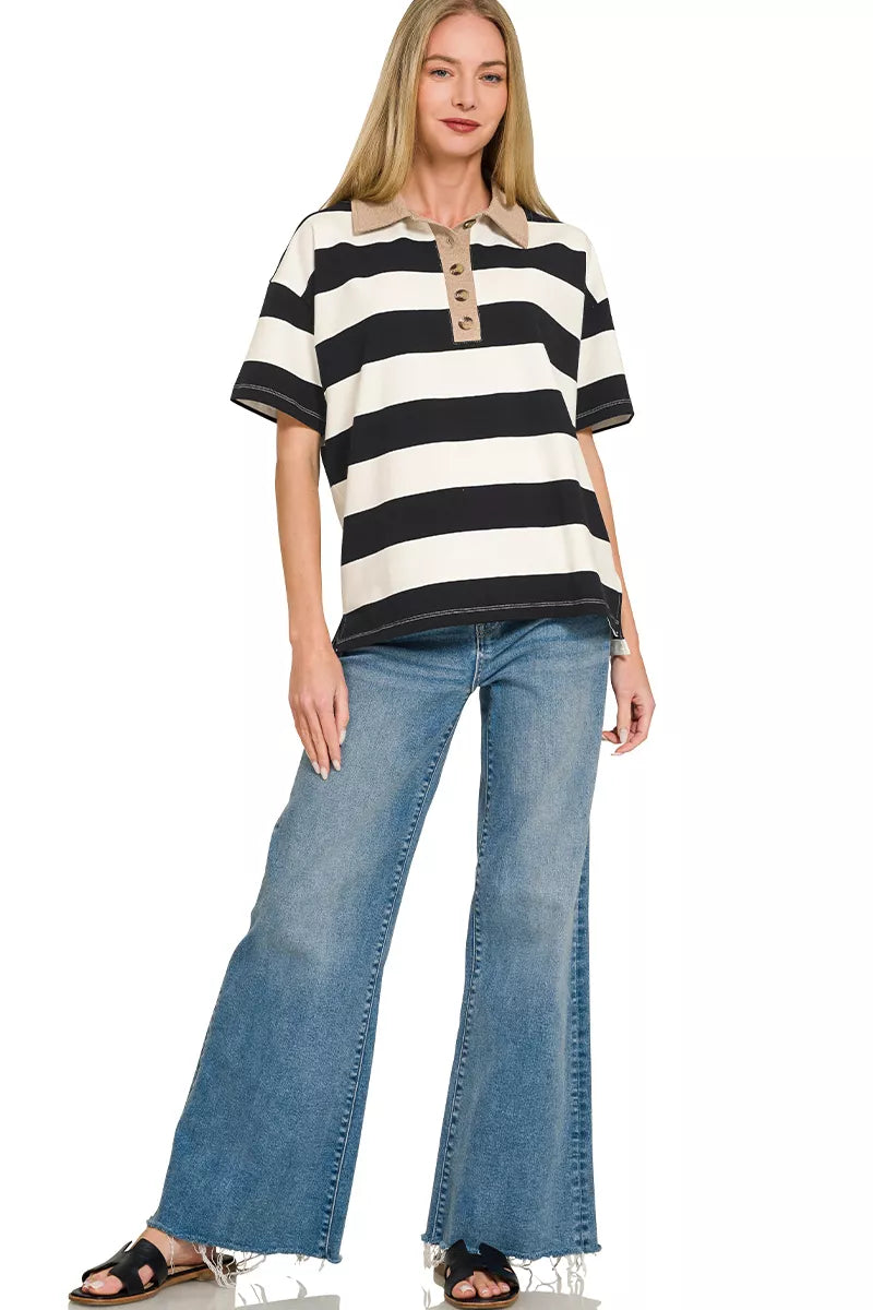Striped polo top with contrast collar and button placket