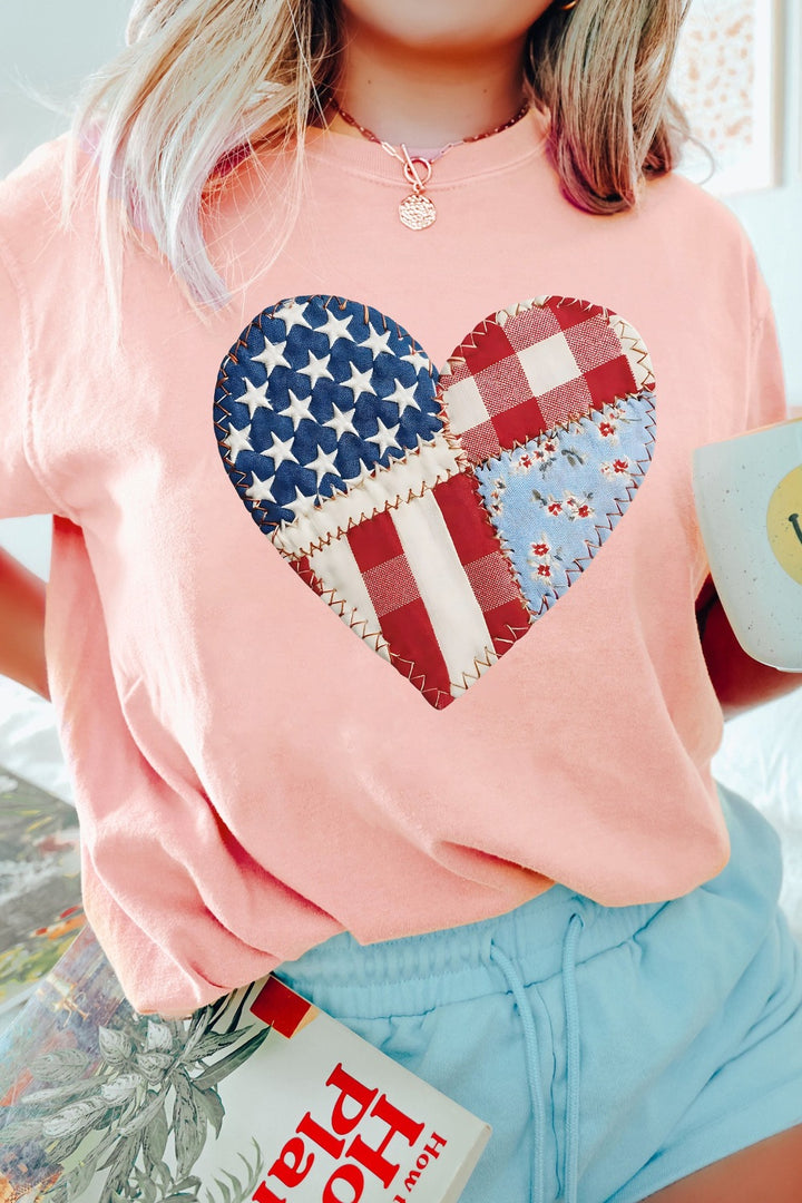 Patriotic patchwork heart graphic crew neck tee