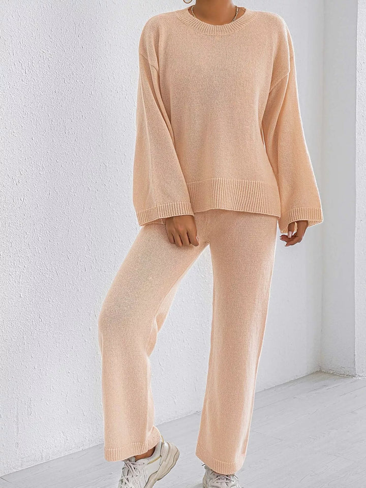Drop shoulder knit sweater and wide leg pants set