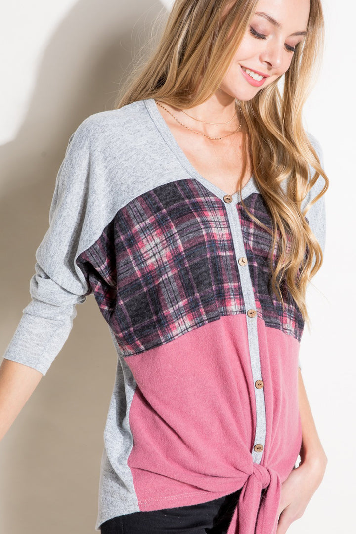 SOLID PLAID MIXED TOP
