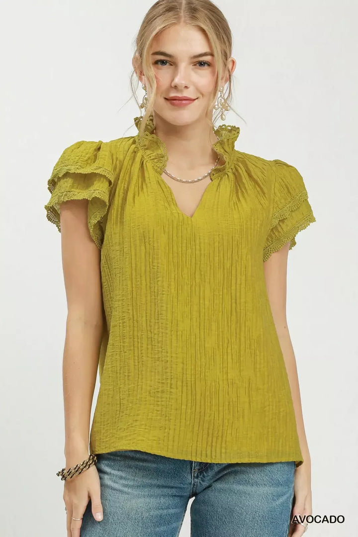 AVOCADO Double ruffle cap sleeve split V-neck top with lace trim