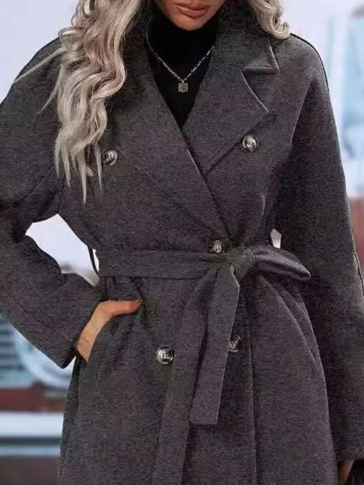 Double-breasted belted longline overcoat with lapel collar