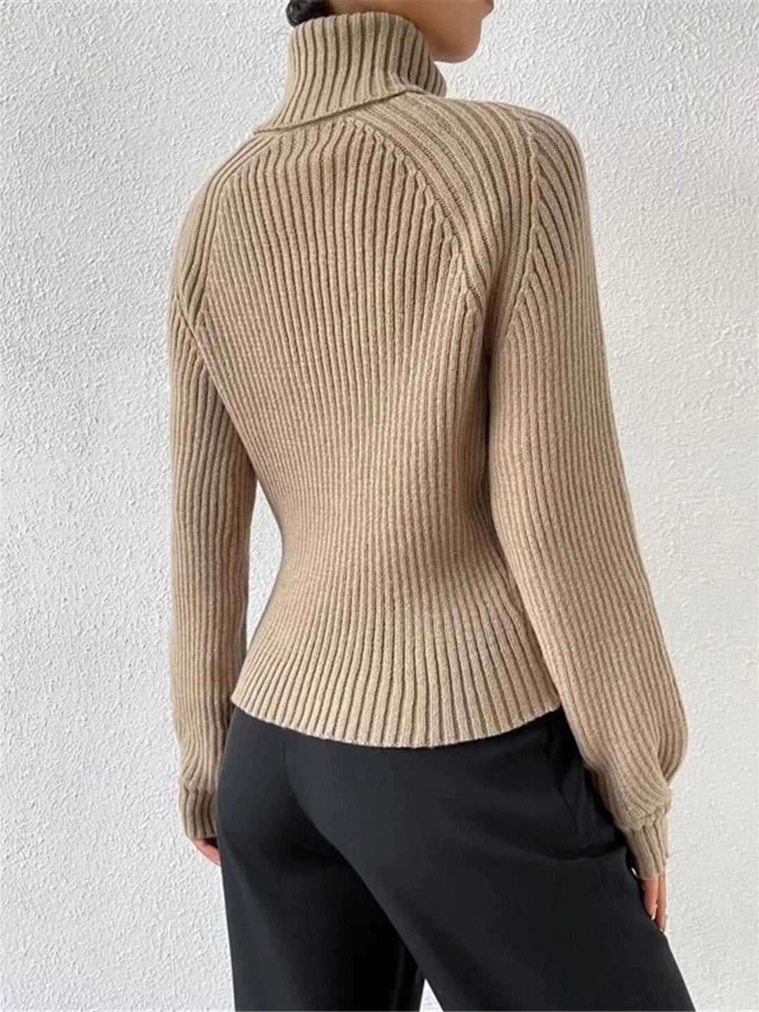 Ribbed knit turtleneck sweater with fitted long sleeves