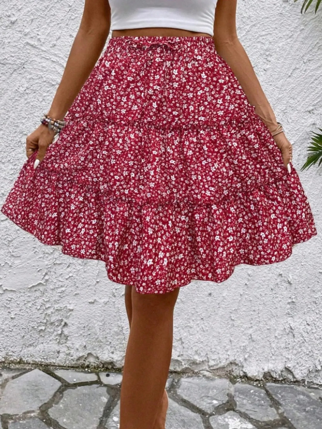Floral print tiered ruffle mini skirt