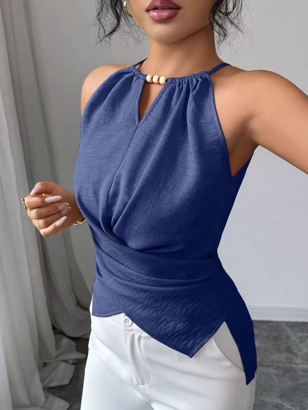 Crisscross wrap halter cami with bead neckline detail