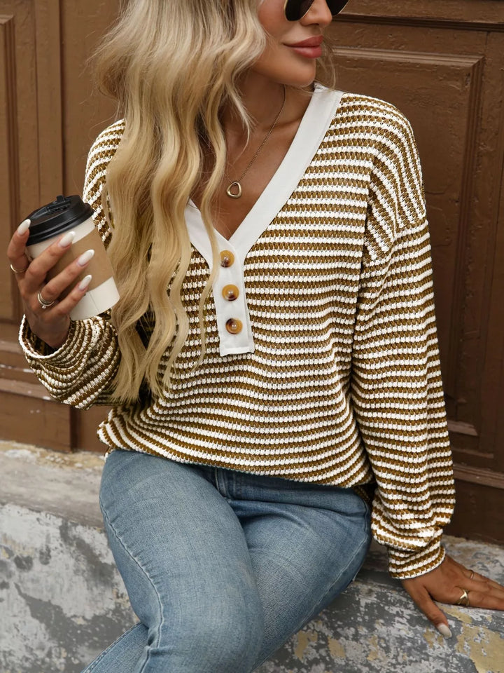 Striped waffle knit henley top with button placket