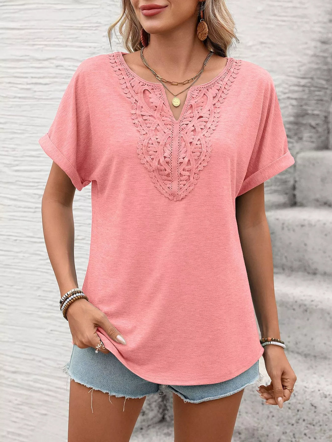 Lace-trim V-neck short sleeve top with rolled cuffs
