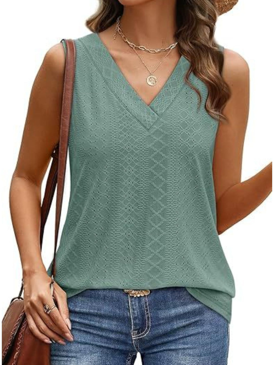 Eyelet V-neck sleeveless tank with diamond texture