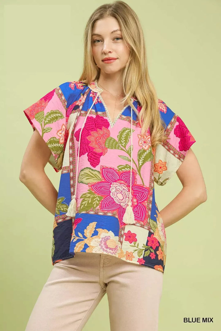 BLUE MIX Floral patchwork tassel-tie top with lace trim