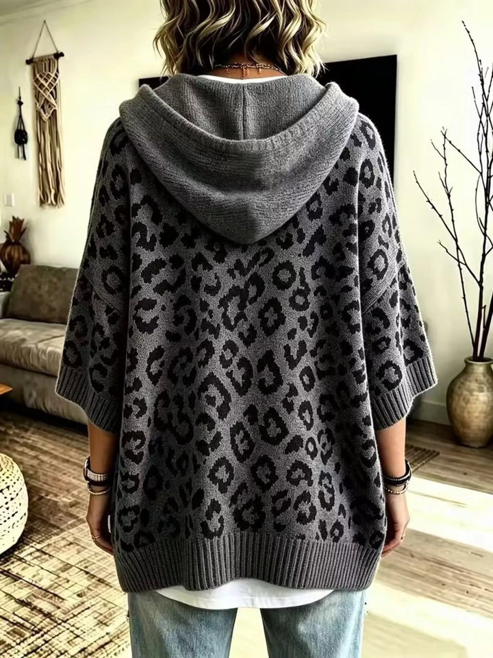Leopard print drawstring hooded sweater with dolman sleeves