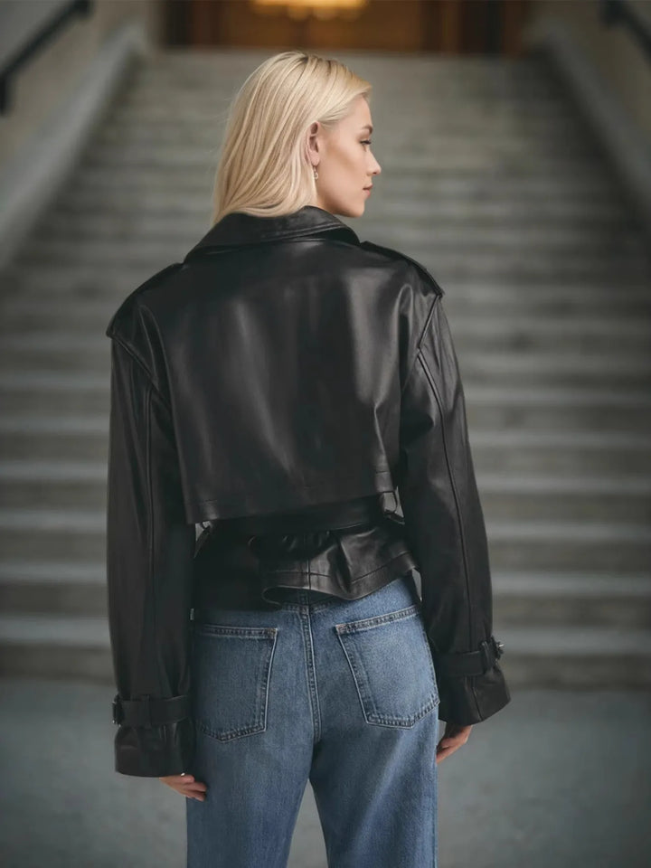 Belted cropped faux leather trench jacket with notch lapels