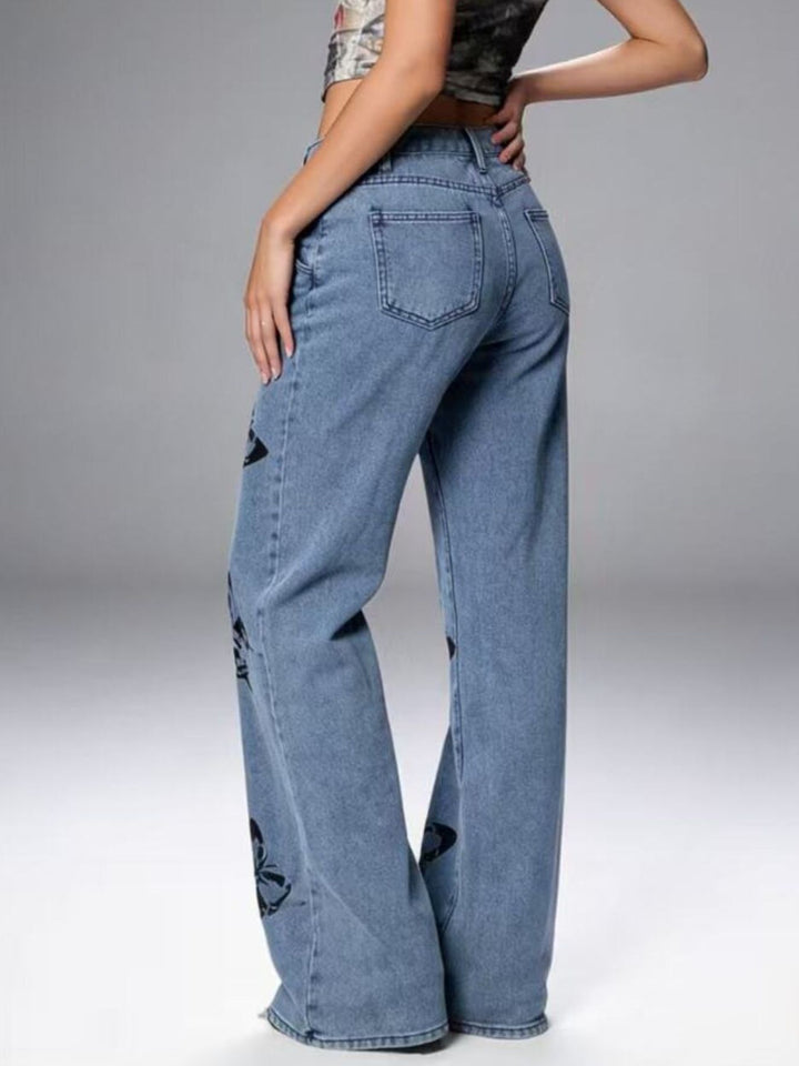 Butterfly print high-rise wide leg jeans