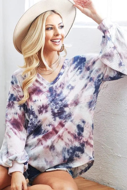 Tie-dye V-neck waffle knit long sleeve top
