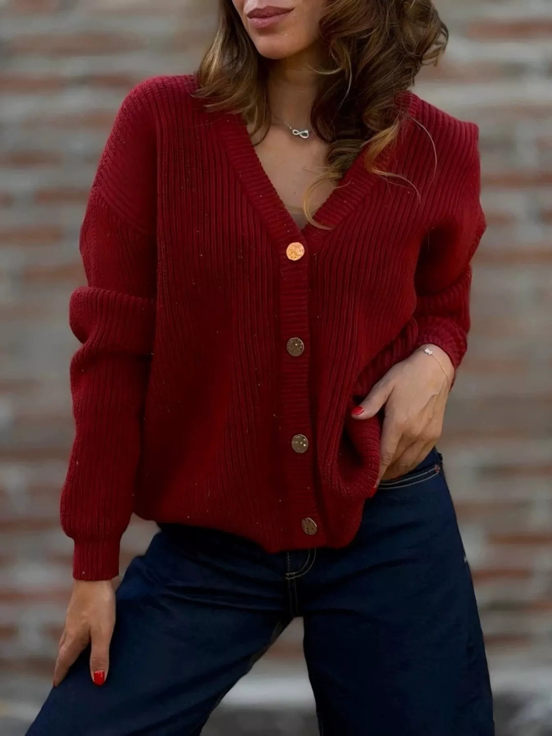 Deep Red Ribbed knit V-neck button-front cardigan with gold buttons