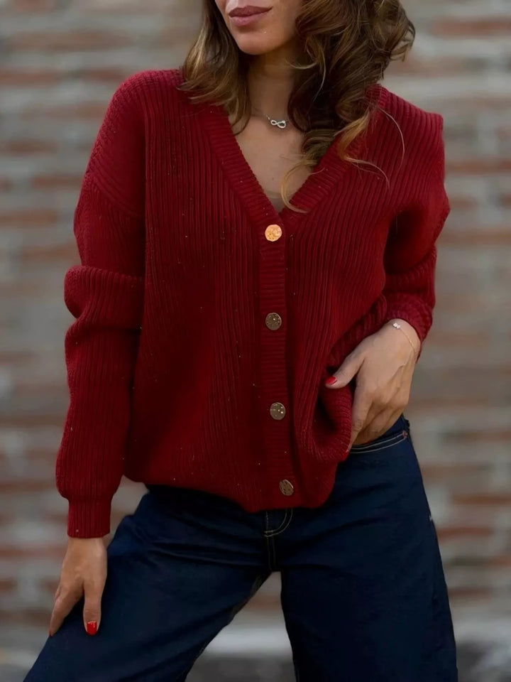 Deep Red Ribbed knit V-neck button-front cardigan with gold buttons