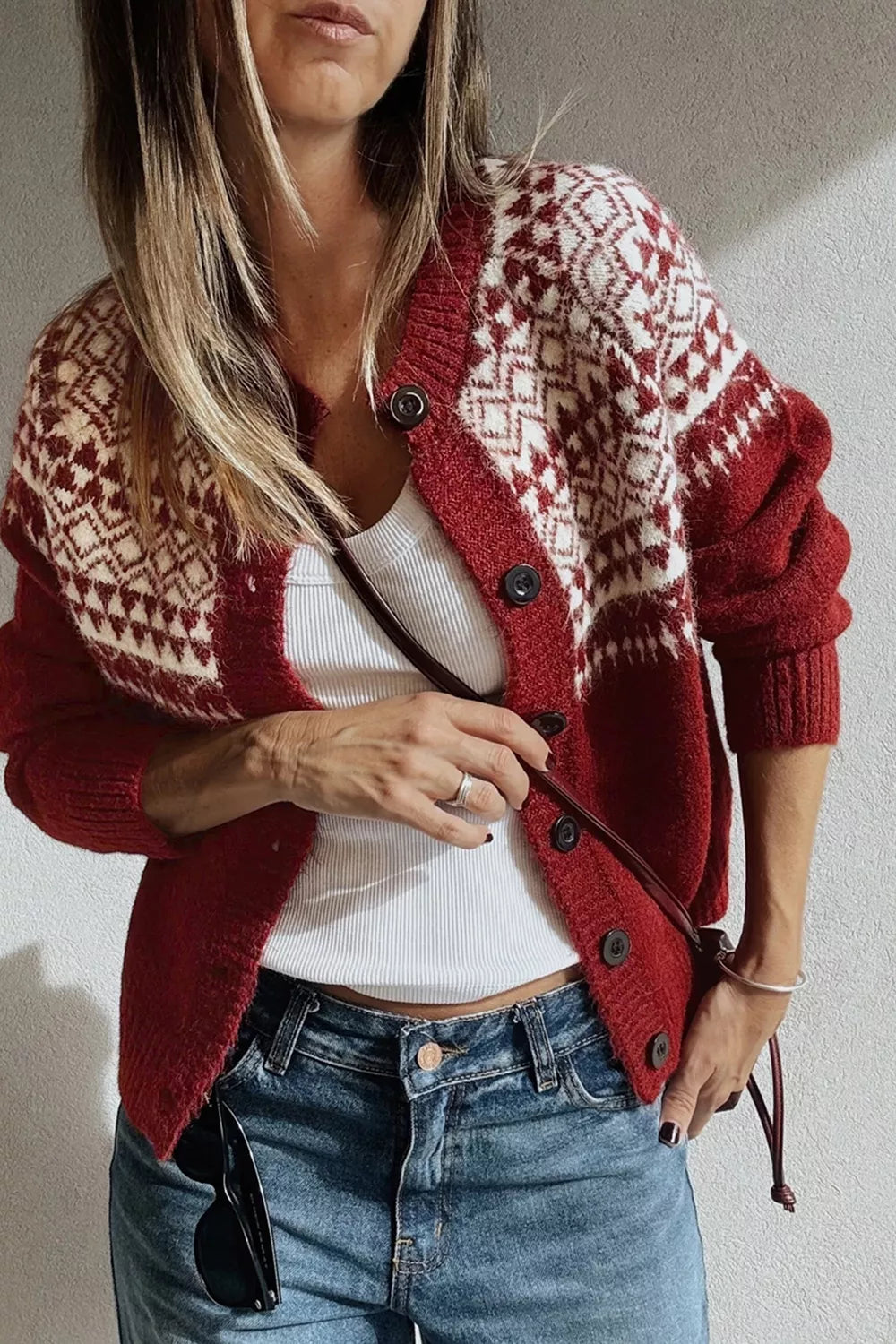 Fair isle geometric knit button-front cardigan