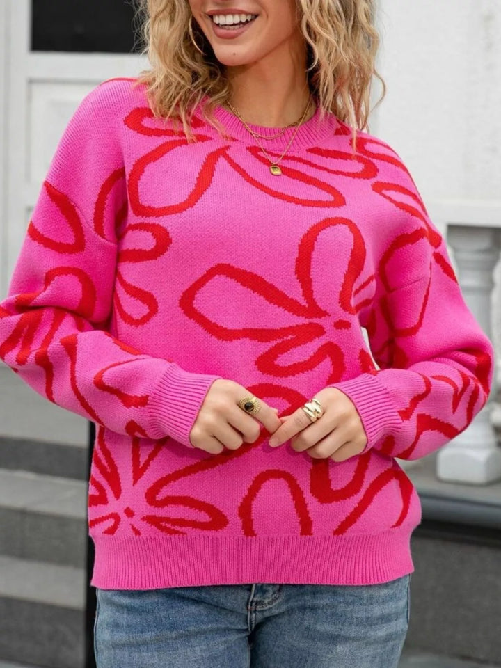Floral print crew neck knit sweater with ribbed trim