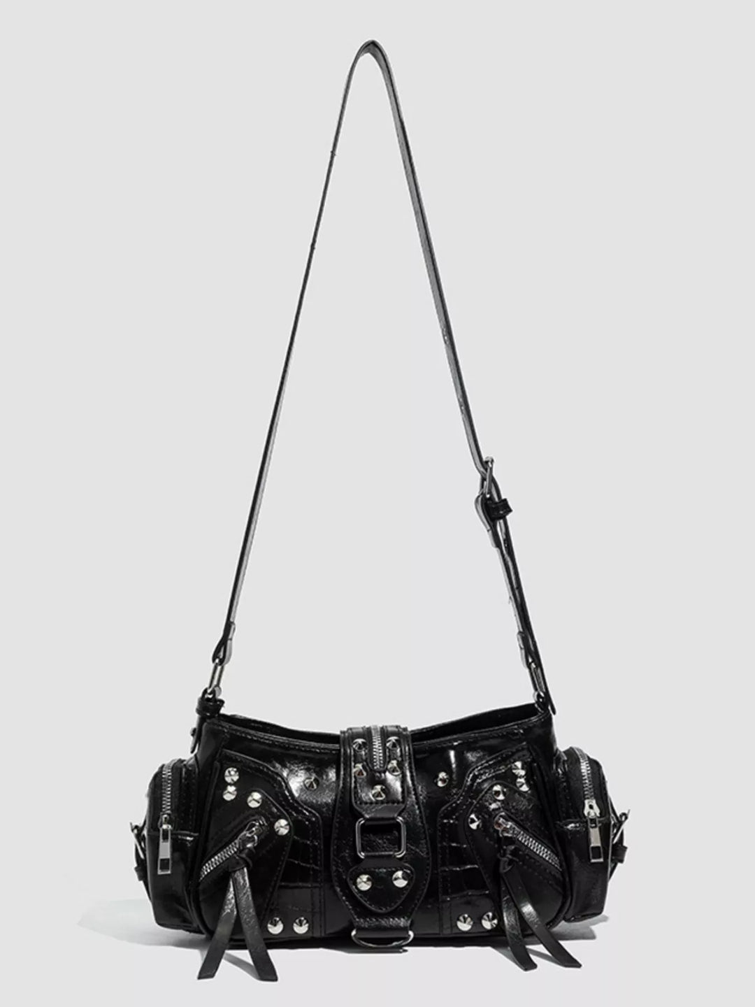 Studded moto shoulder bag with zip cargo pockets