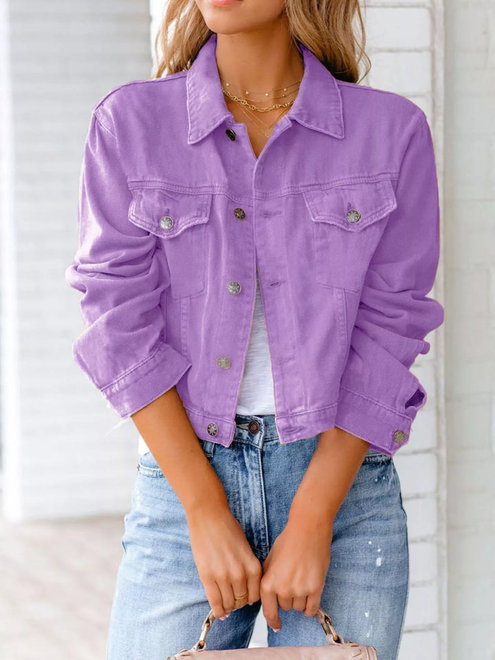 Lavender Cropped button-up denim jacket with chest pockets