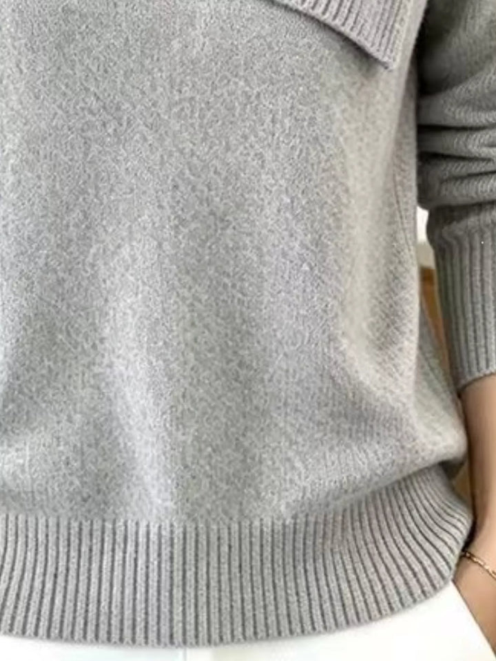 Asymmetric foldover ribbed collar knit pullover sweater