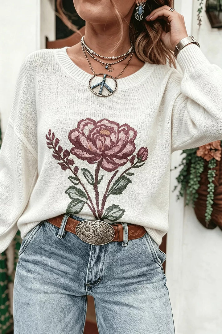 Rose floral drop-shoulder crewneck knit sweater
