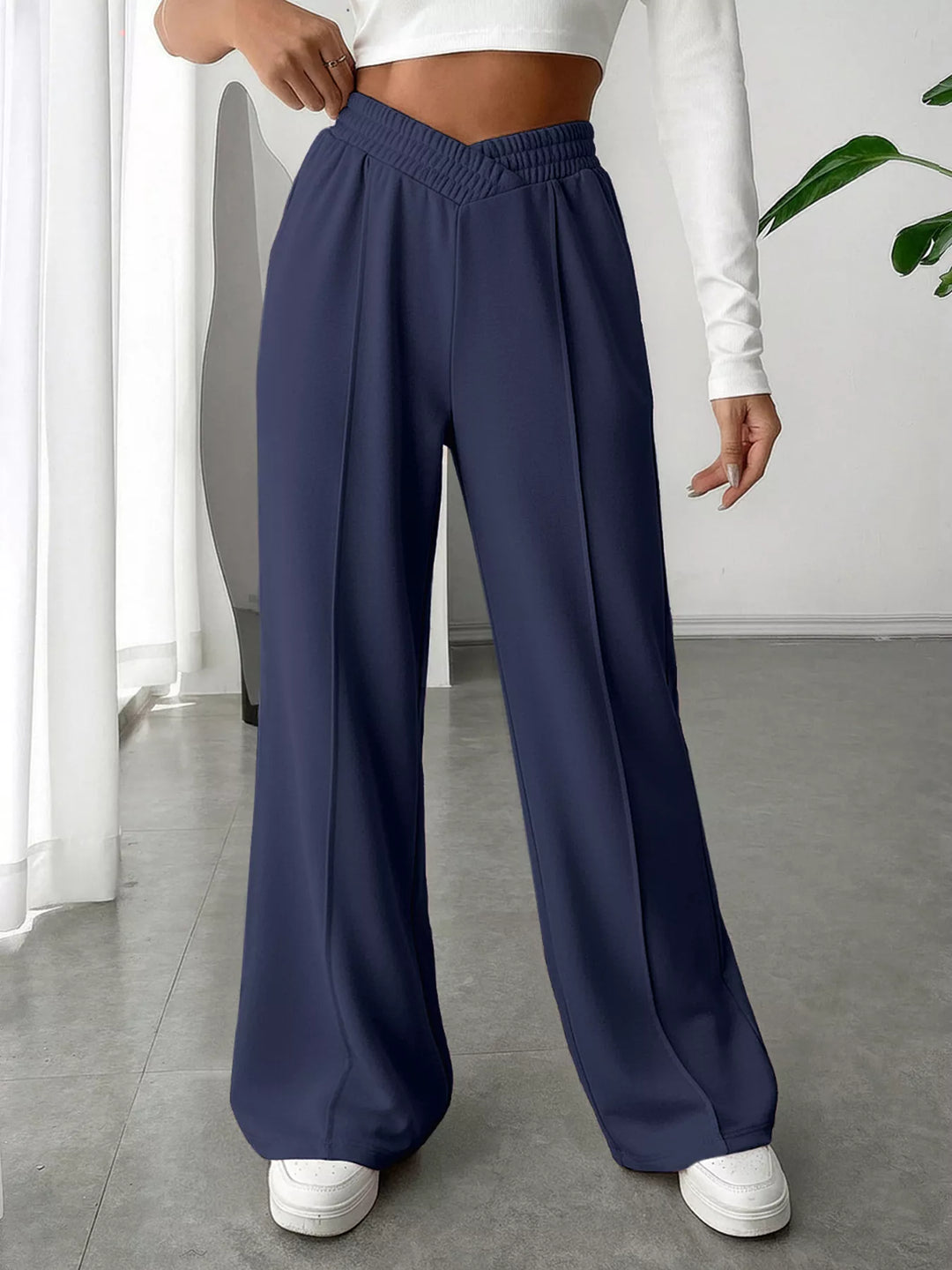 Dark Blue High waist wide leg pull-on pants with V-notch waistband