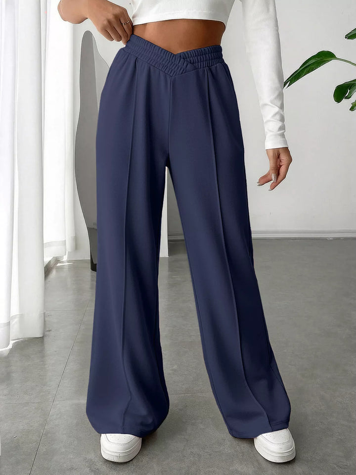 Dark Blue High waist wide leg pull-on pants with V-notch waistband