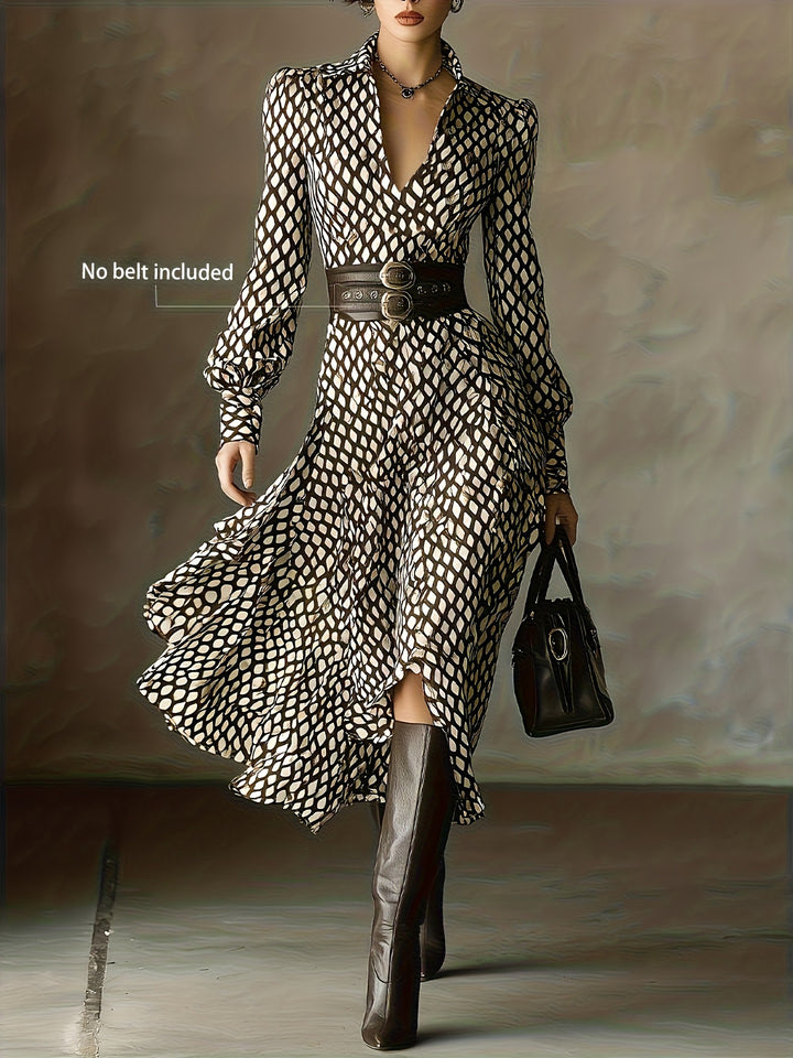 Brown Geometric print collared midi dress with ruffled hem