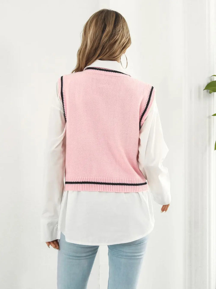 Skull argyle knit sweater vest with striped V-neck