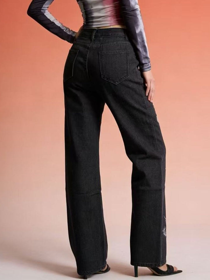 Butterfly print high-rise wide leg jeans