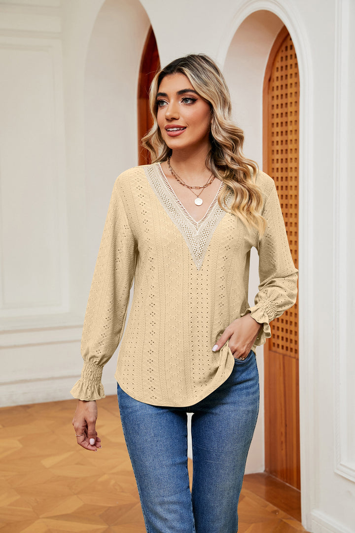 Pastel Yellow Contrast crochet V-neck eyelet blouse with flounce cuffs